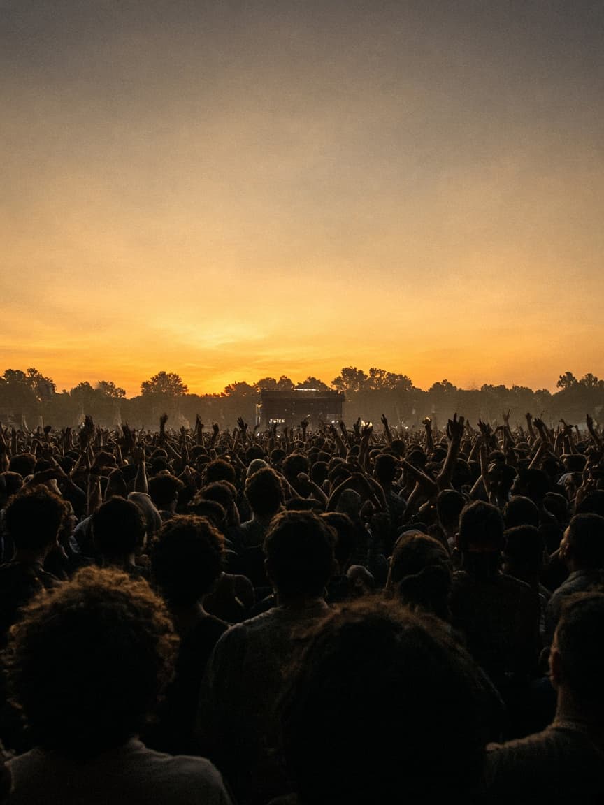 A festival crowd at dusk, seen from behind.